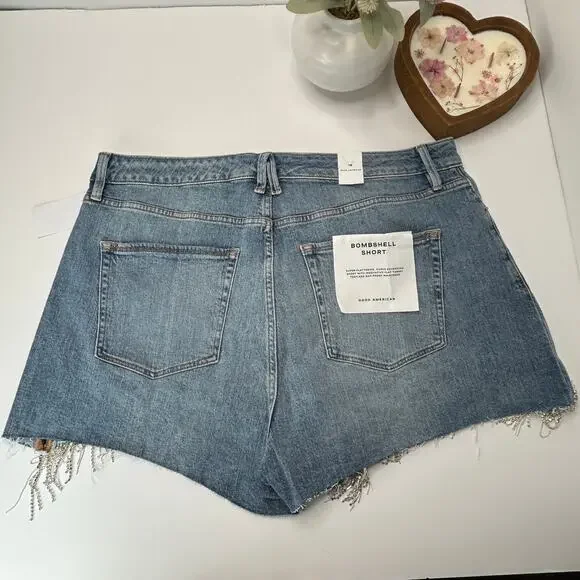 Good American Bombshell Rhinestone Fringe Cutoff Jean Shorts Blue Women 16 NWT - Picture 3 of 12